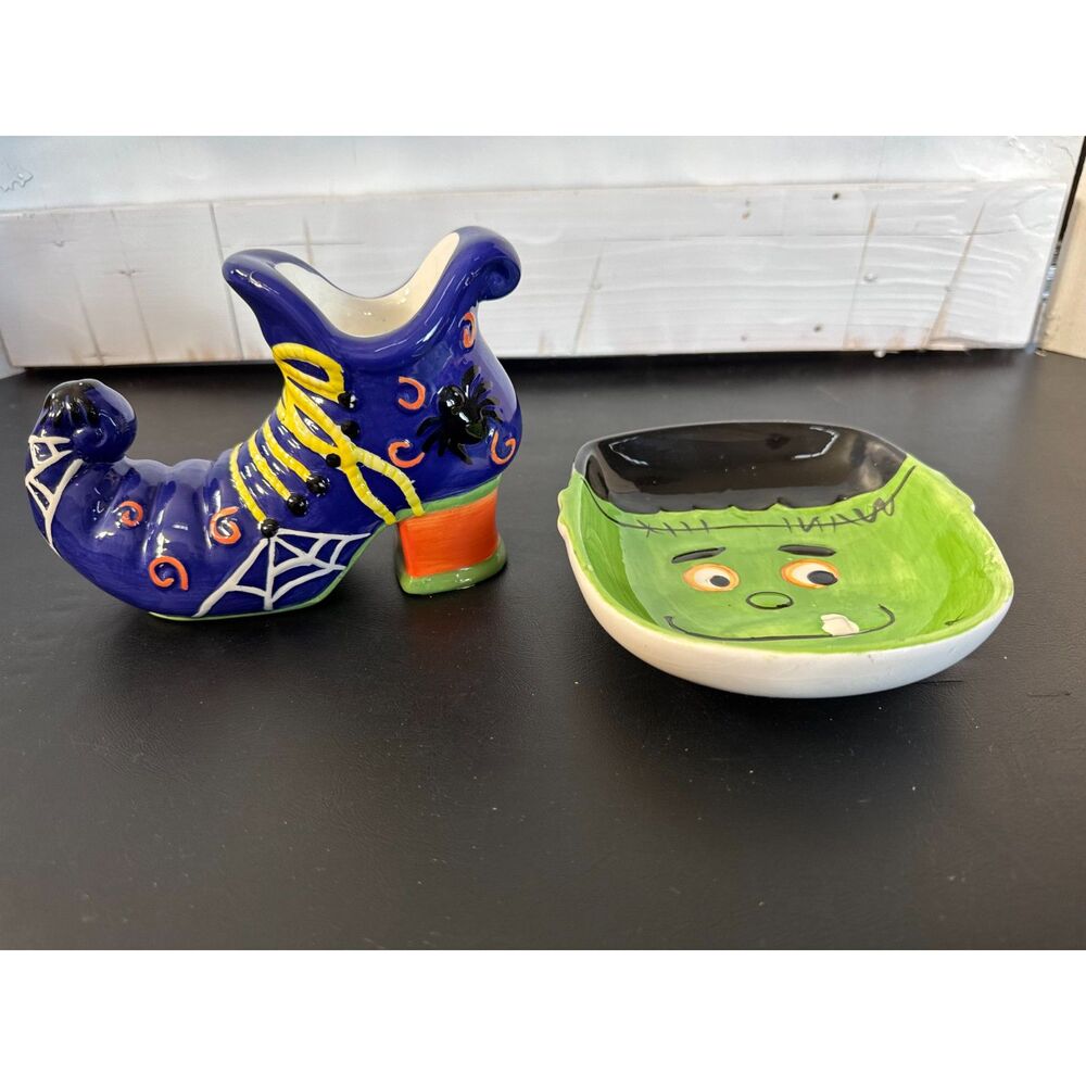 2 Halloween Ceramic Decor Frankenstein and Witch Boot